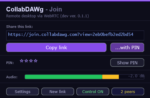 CollabDAWg Join plugin, collapsed view, showing the share link, PIN and connected-peer count