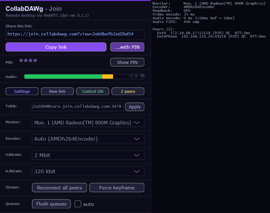 CollabDAWg Join plugin, expanded view, showing stream settings and live connection stats